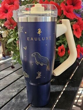 Very Pretty 40oz. Sea Life Travel Mug Tumbler and Bag - Navy Blue - New In Box